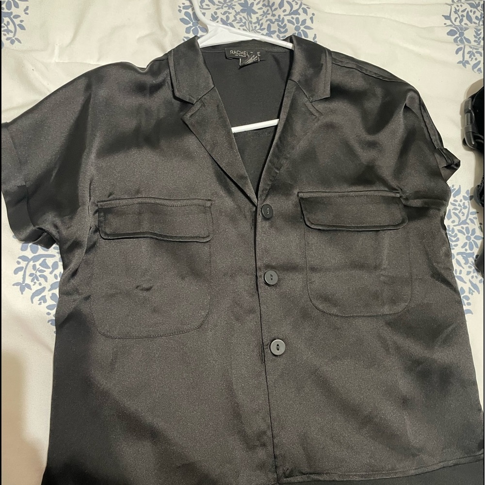 black satin short sleeve button up blouse